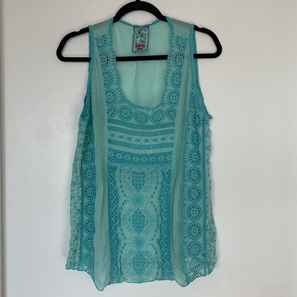 Johnny Was teal lace tank top- size Small